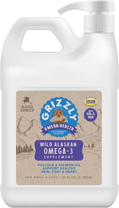 Grizzly Pet Products Omega Health Liquid Omega-3 Supplement for Dogs and Cats, 64 Ounce Jug