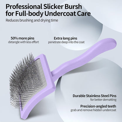 Pet Slicker Brush for Long & Short Hair - Detangling Tool for Dogs & Cats - 135° Angled Stainless Steel Pins, Curved Handle - Gentle Grooming for Small/Medium/Large Breeds (Lavender)