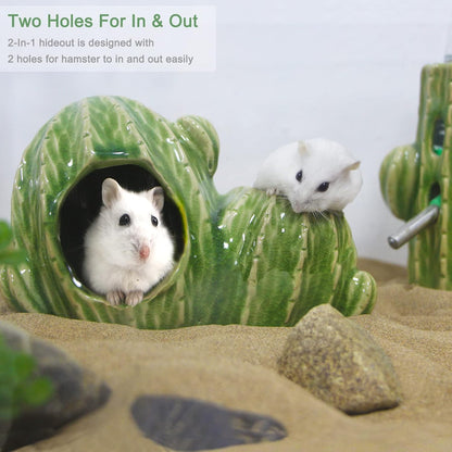 Ceramic Hamster Hideout, Dwarf Hamster House with Double Doors Syrian Hamster Hut Hideout Habitat Decor, Anti Bite Hideaway House Cave for Mice Gerbil (Large, Green)