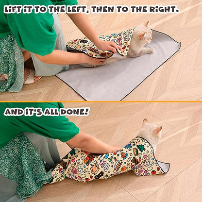 Cat Grooming Wrap, Self-Adherent Soft Cat Blanket to Wrap, Nail Clipping, Anti-Bite, Anti-Scratch, Anti-Escape Calming Wrap (Cute Prints, 3-6 lbs)