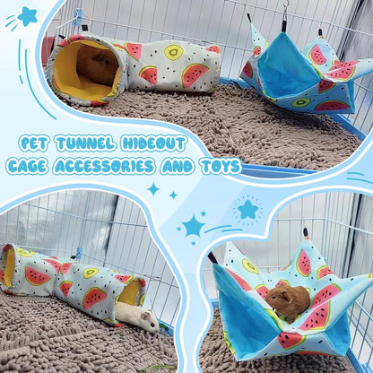 Large Caliber Guinea Pig & Rat Tunnel Hideout & Hammock, Corner Hideout Toy for Guinea Pig, Ferret, Hedgehog & Piggy to Hide and Shuttle (3. Hammock&Tunnel-Watermelon)