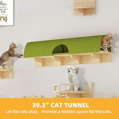 Wooden Cat Wall Shelves, Cat Wall Furniture Solid Wood Feline Shelf, 16 Piece Feline Shelves and Perches with Condos, House, Steps, Bridge Ladder, Scratching Post and Tunnel