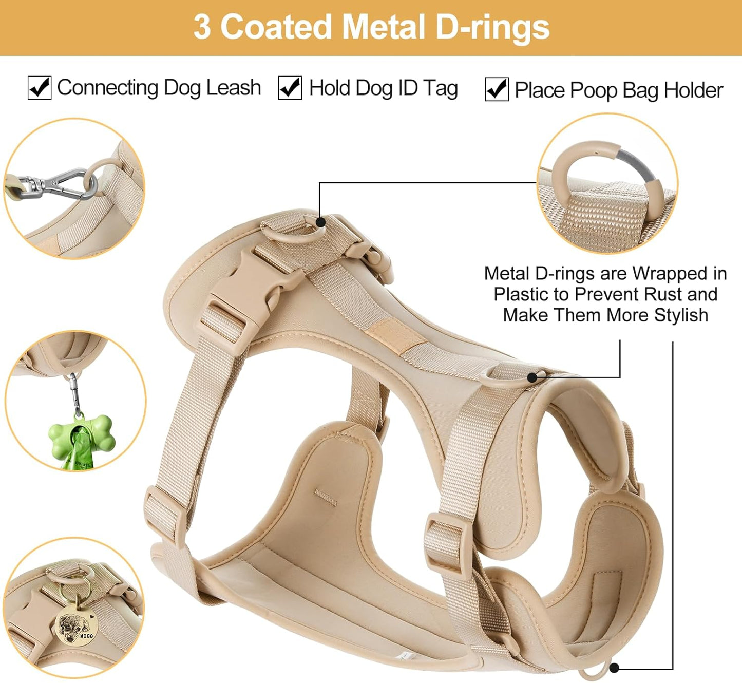 No Pull Lightweight Dog Harness: Adjustable Durable Breathable Mesh Pet Vest Harness with Soft & Comfortable Cushion, for Small Medium Large Dogs (L, Sand Color)