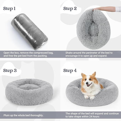rabbitgoo Calming Dog Bed for Small Medium, 30 inches Pet Bed Machine Washable, Non-Slip Round Fluffy Plush Faux Fur Large Cat Cushion, Soft Donut Cuddler Cushion for Small Dogs, Light Grey