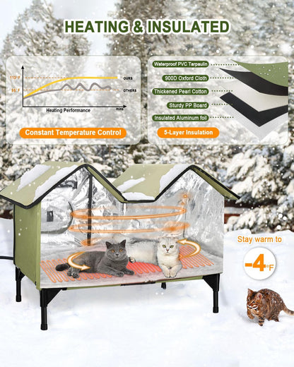 Extra Large Heated Cat House for Outside in Winter, Elevated Heated Outdoor Cat House Weatherproof with Heating pad, Insulated Outdoor Cat Shelter for Multiple Cats Small Dogs(Green)