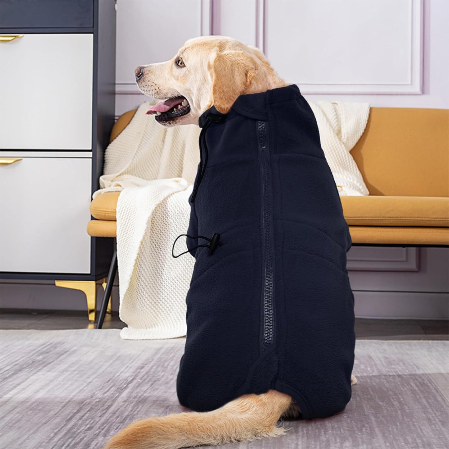 ROZKITCH Dog Fleece Jacket, Pet Windproof Warm Cold Weather Jacket Vest Cozy Jumpsuit Apparel Outfit Clothes for Medium Large Dog Walking Hiking Sleep Blue XL