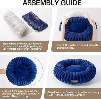 MEWOOFUN Donut Dog Beds for Small Dog, Calming Bed Round Cute Puppy Bed with Non-Slip Bottom, Fluffy Washable Pet Bed for Puppy and Kitten (Navy Blue, S (25x25x7))