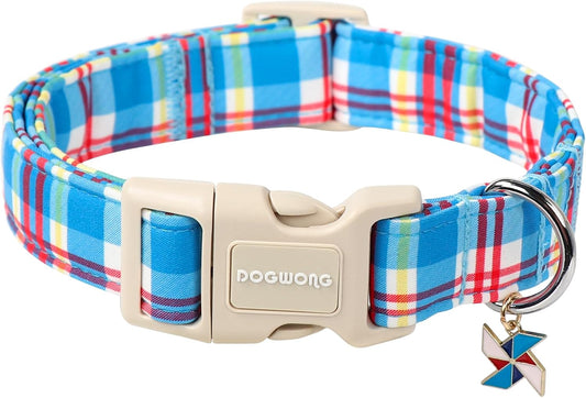 DOGWONG Blue Plaid Dog Collar- Cute Checkered Dog Collars Adjustable Designer Blue Puppy Dog Collar for Small Medium Large Dogs M