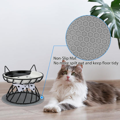 2PCS Ceramic Elevated Cat Bowls, Raised Pet Food Bowl Whisker Friendly, Anti-Vomiting Food Plate with Cute Metal Stand, Shallow Food Plate for Indoor Cat, Protects Spine
