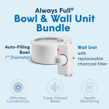 Always Full® 9" Pet Water Bowl and Wall Unit Bundle – Self-Refilling, Clean Filtered Water, Easy Home Connection, App-Enabled Hydration Tracking, Cat and Dog Water Bowls