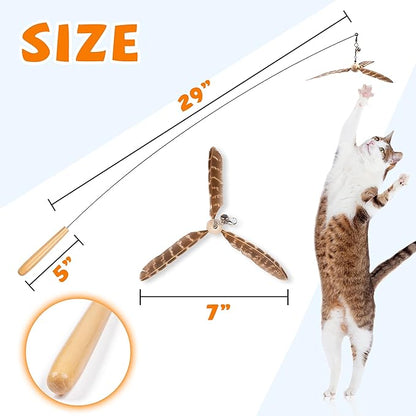 JXFUKAL Cat Wand Toys, Interactive Cat Toys with 3 Feather Refills, 29'' Flexible Steel Wire, Sturdy Wood Handle & Bell for Kitty Kitten, Cat Toys for Indoor Cats Teaser Cat String Toy