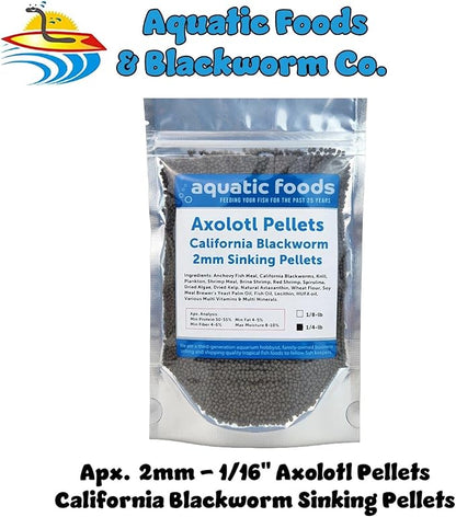 Aquatic Foods Inc. Axolotl Blackworm Pellets. 2mm-1/16 Sinking California Blackworm Small Pellets for Small Axolotl, Frogs, Shrimp, Salamanders, Newts, Snails…1/4-lb Pouch Bag