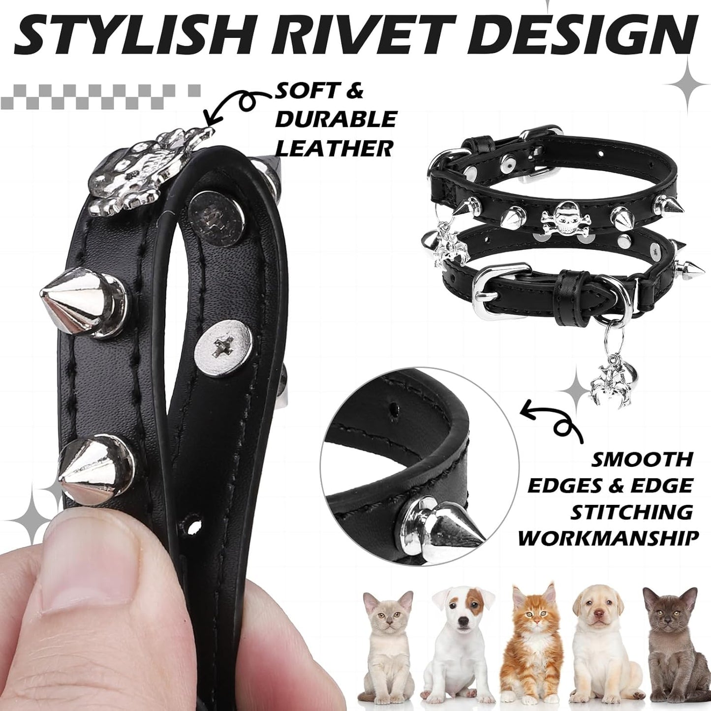 EXPAWLORER Leather Cat Collar for Girl Boy- Adjustable Pet Collar with Safety Elastic Belt,Personalized Punk Accessories Buckle Collars with Bell & Durable D-Ring,Rivet(Black)