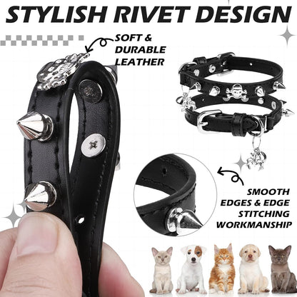 EXPAWLORER Leather Cat Collar for Girl Boy- Adjustable Pet Collar with Safety Elastic Belt,Personalized Punk Accessories Buckle Collars with Bell & Durable D-Ring,Rivet(Black)