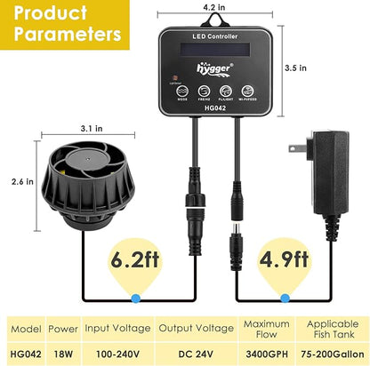 hygger 3400 GPH Aquarium Inverter Wavemaker Pump with LED Controller, DC 24V 18W Ultra-quiet Submersible Power Head with Magnetic Base, Circulation Pump for 75-200 Gal Freshwater Saltwater Tank