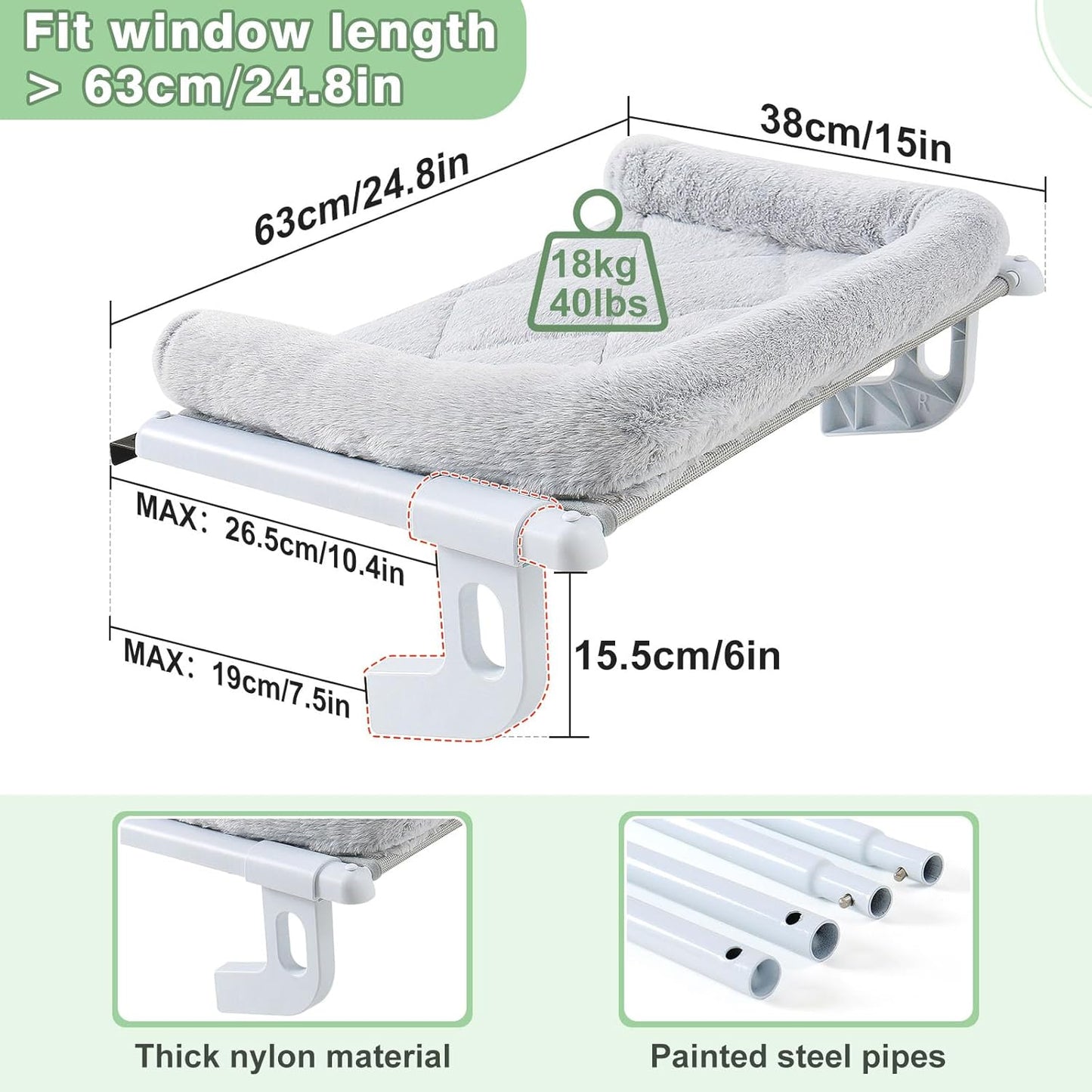 Sunhoo Cat Window Perch Hammock Sturdy Windowsill Bed Seat for Large Cats No Drilling No Suction Adjustable Kitty Shelf with Washable Cover Easy Assembly Holds up to 40 lbs 24.8 * 15 in (Grey, L)