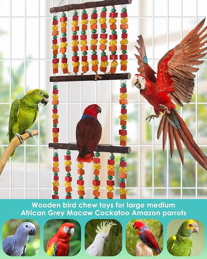 43" Extra Large Bird Parrot Toys, Multicolored Wooden Blocks Chewing Toy with Rattan Balls and Perches for Macaws, African Greys, Cokatoos, Amazon Parrots and Small Medium Parakeets