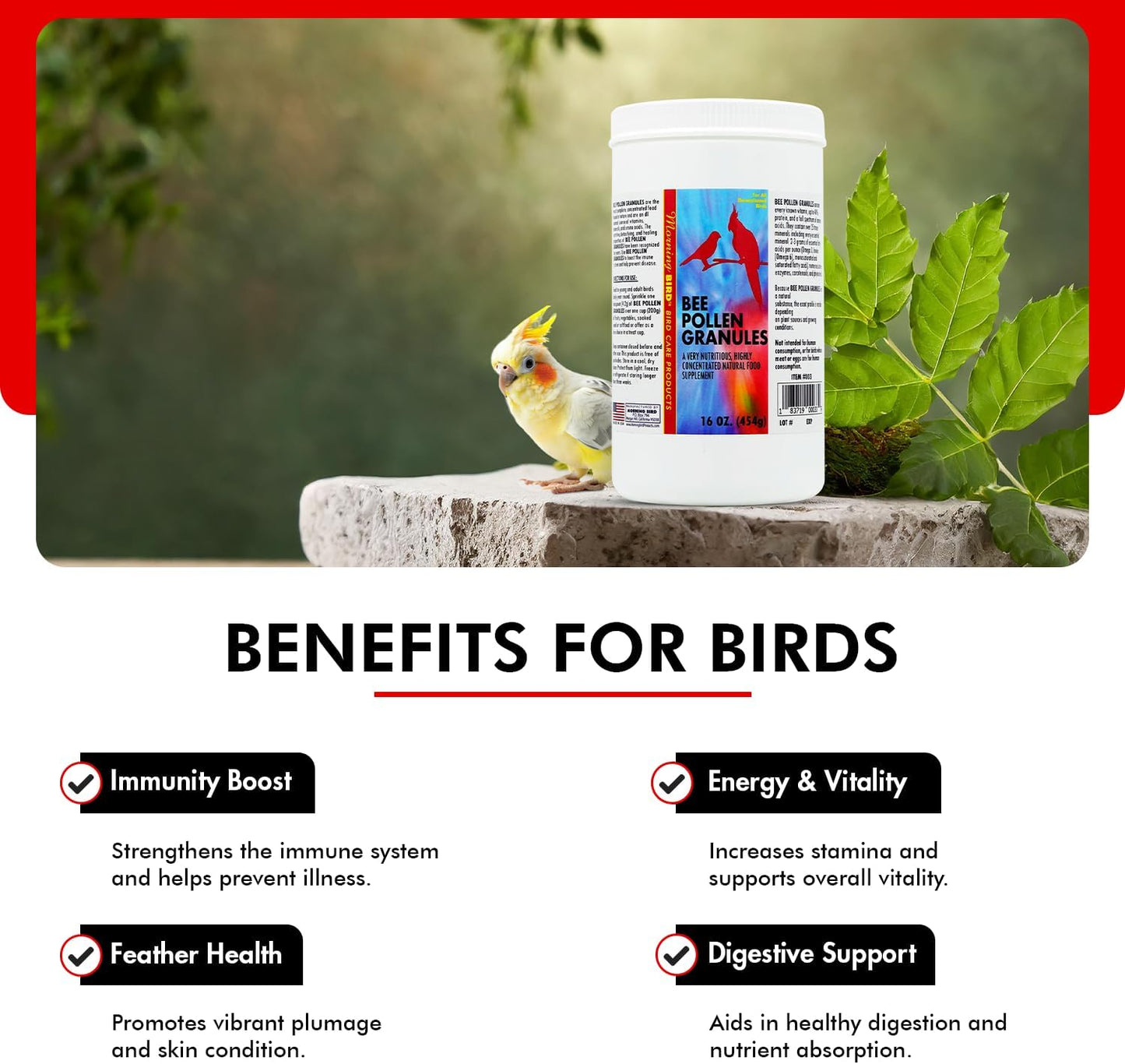 Morning Bird Bee Pollen Granules 16 Oz – Naturally Immune Support & Protein Powder for Birds – Boosts Strength, Feather Health & Energy Supplements – Easy to Mix with Food for All Bird Types