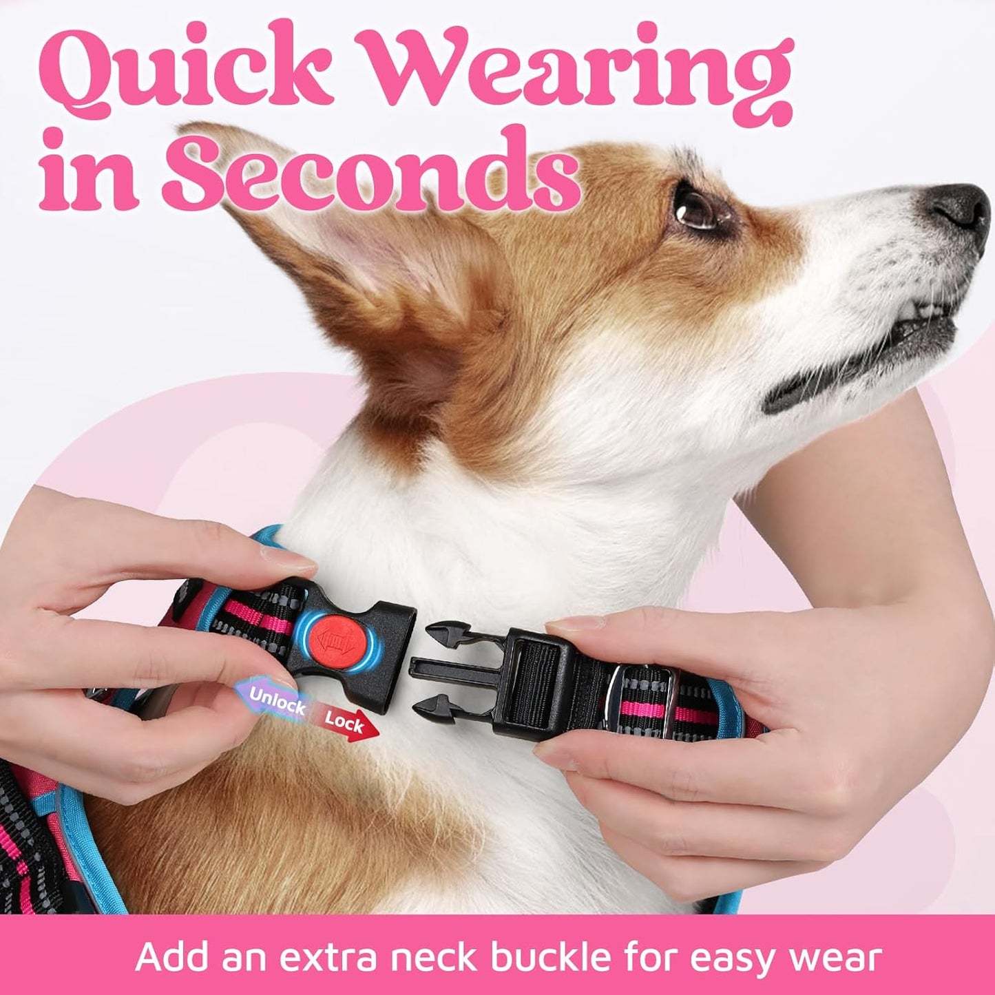 rabbitgoo Dog Harness Small Sized, No Pull Dog Vest with 3 Buckles, Adjustable Soft Padded Pet Harness with Easy Control Handle and Reflective Strips, Rose Pink & Blue, S