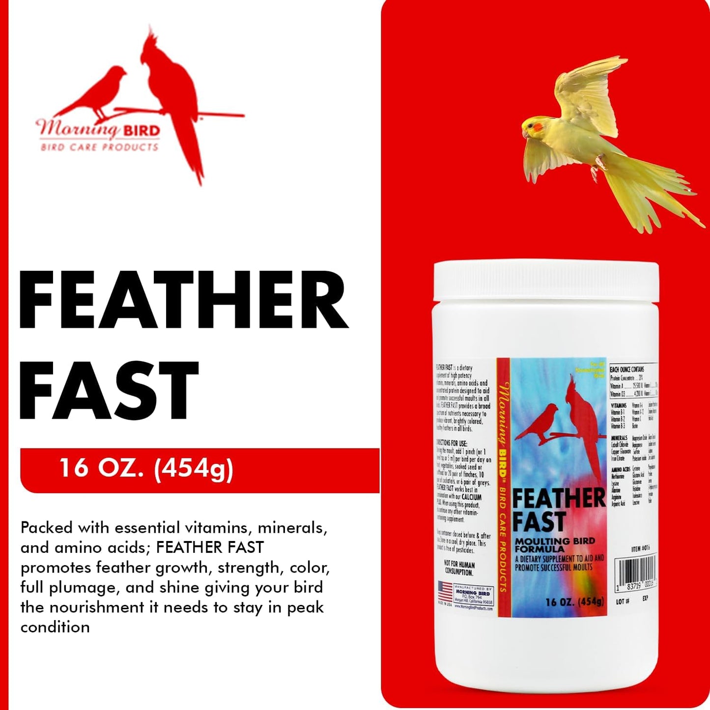 Morning Bird Feather Fast 16 Oz – Multi-Vitamin During Molt - Molting Support Supplement for Bird – Amino Acid & Vitamin Powder Formula– Promotes Feather Growth, and Full Plumage – for All Adult Birds