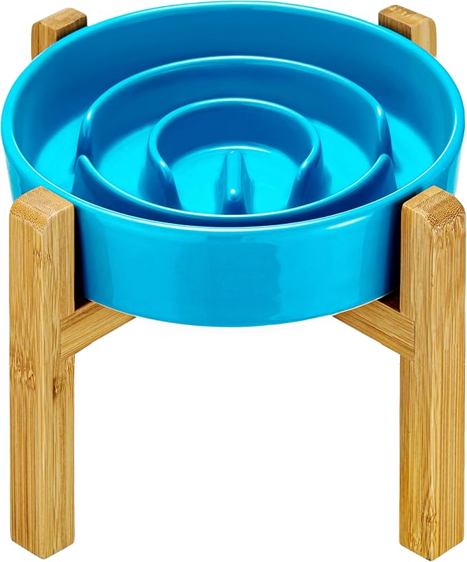 Ceramic Slow Feeder Dog Bowls Elevated, 2.0 Cups Slow Feeder for Medium and Large Dogs, Puzzle Maze Bowl to Slow Down Eating, 30oz, 8in, Blue