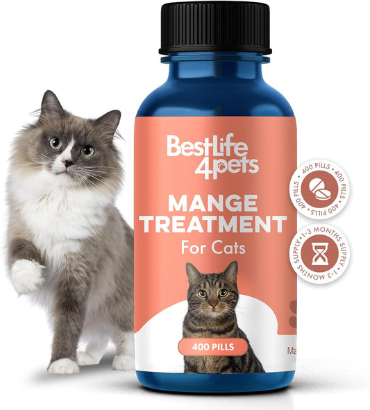 Mange Support for Cats, Natural Cat Itchy Skin, Paws and Ears Relief - Soothes Welts, Scabs, Red and Flaky Skin Reducing Excessive Grooming and Patchy Fur for a Healthy Coat (400 Tiny Tasteless Pills)