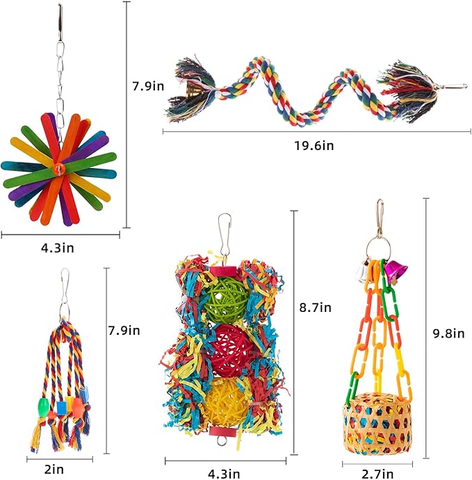 Bird Toys Parakeet Toy Parrot Chewing Shredding Foraging Toys with Rope Perch Hanging Toys Bird Cage Accessories for Cockatiel Conure Budgies Lovebird 5 Pack