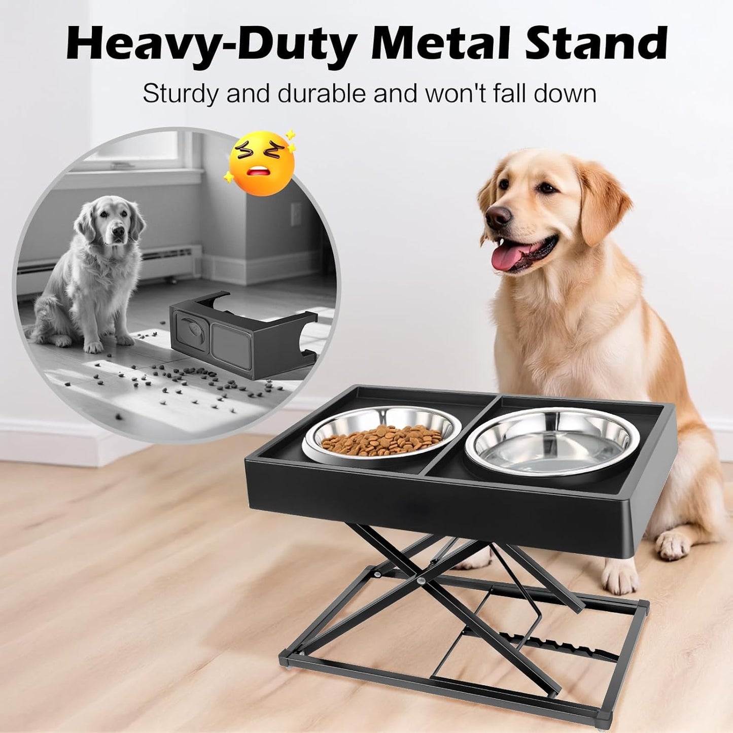Joytale Elevated Dog Bowls for Large Breeds, Heavy Duty 9 Adjustable Height from 9" to 17.5" Metal Stand Anti-Slip, Non Spill Raised Food & Water Station with 2 Stainless Steel Food Bowls, Black