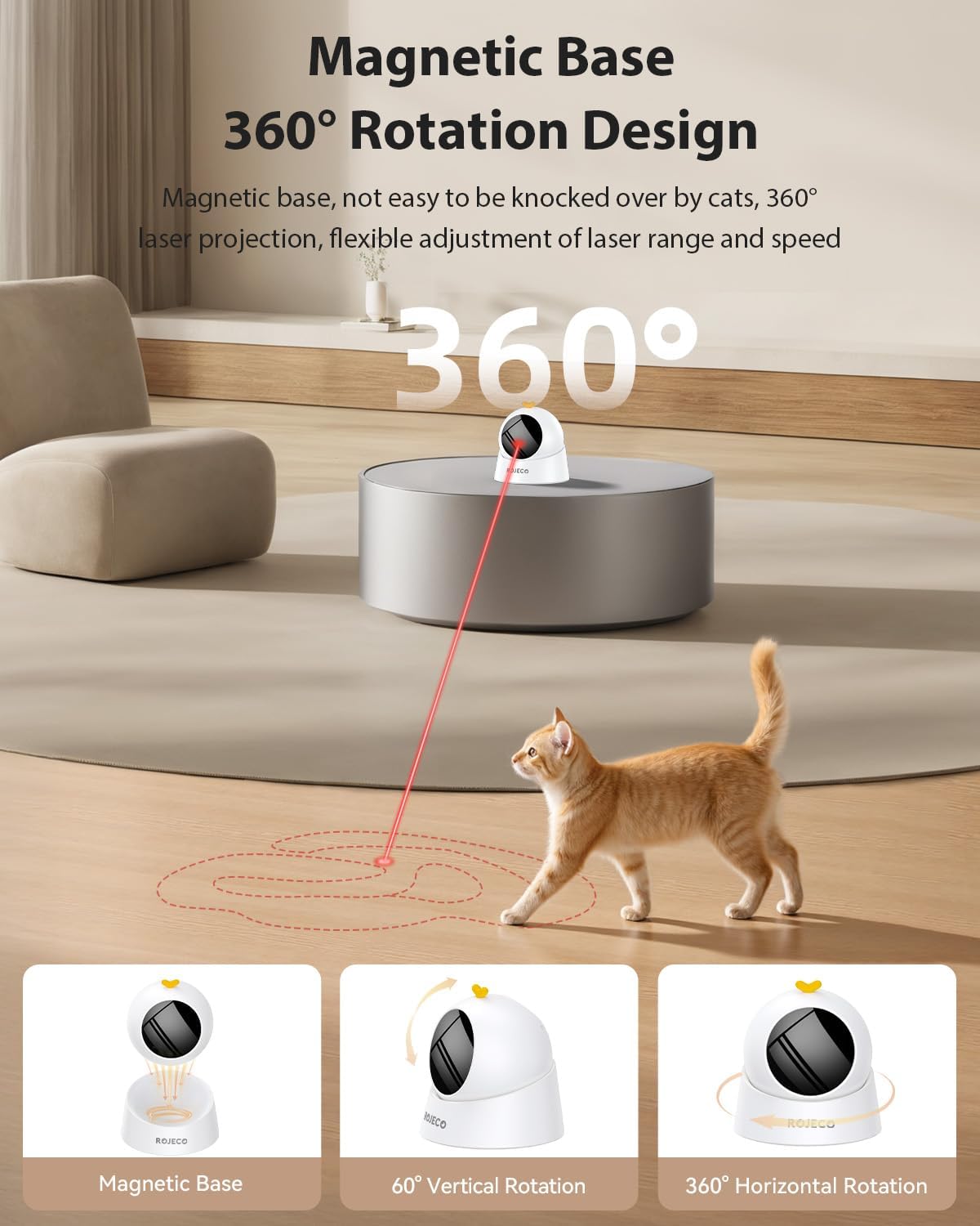 ROJECO Auto Laser Cat Toy - Random Motion Track, Magnetic 360° Base, Run Quiet,Rechargeable with 1000mAh Battery, Auto Sleep & 3 Speed Modes, Safe for Cats,Interactive Cat Gifts Toys for Bored Indoor