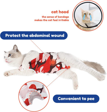 Cat Surgical Recovery Suit, Abdominal Wounds Cone E-Collar Alternative Anti-Licking Or Skin Diseases Pet Surgical Recovery Pajama Suit, Soft Fabric Onesies for Cats (S, Red)