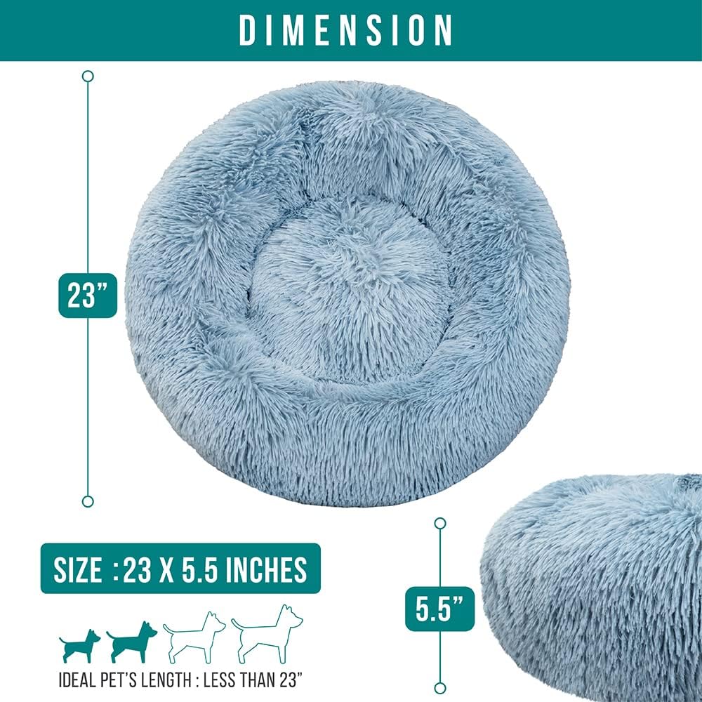 PetAmi Calming Dog Bed for Small Medium Dog Cat, Round Donut Washable, Fluffy Faux Fur Plush Cuddler Pet Kitten Cushion, Anti-Slip, Fits up to 25 lbs, 23 inch, Dusty Blue