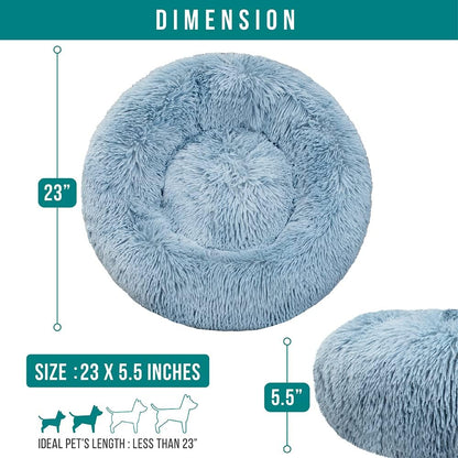 PetAmi Calming Dog Bed for Small Medium Dog Cat, Round Donut Washable, Fluffy Faux Fur Plush Cuddler Pet Kitten Cushion, Anti-Slip, Fits up to 25 lbs, 23 inch, Dusty Blue