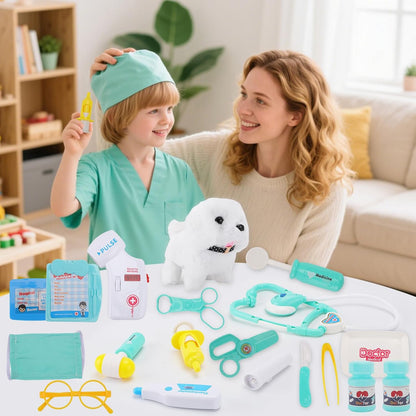 TEUVO Toy Doctor Kit for Girls - Pretend Play Doctor Set with Dog Toy, Carrying Bag & Stethoscope & Dress Up Costume - Toys Doctor Play Gift for Kids Toddlers Ages 1 2 3 4 5 6 7 Year Old for Role Play
