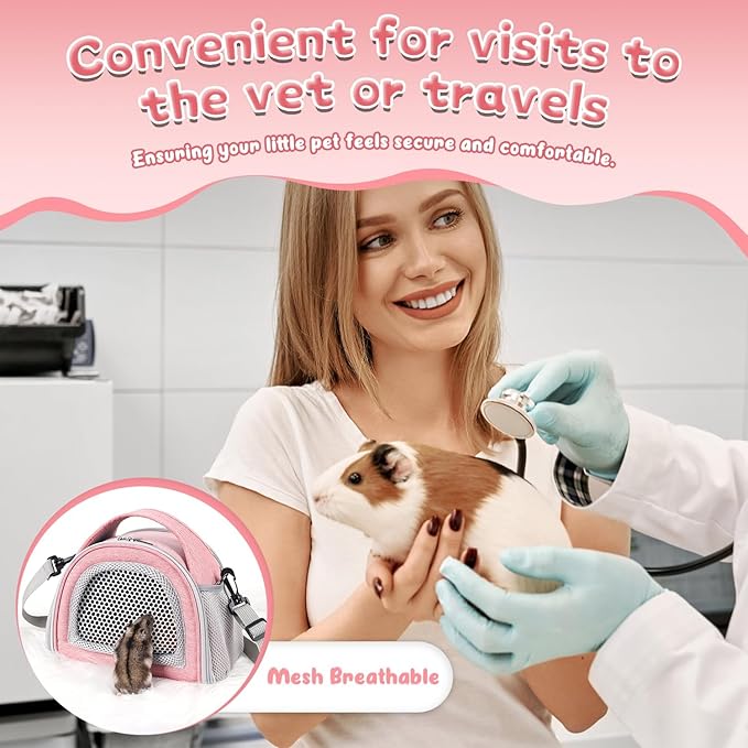 YUDODO Hamster Carrier Guinea Pig Carrier Bag Small Animal Sugar Glider Pouch Gerbil Hedgehog Portable Travel Carrier Outdoor Hangbag Flying Squirrel Rat Carrier Pink