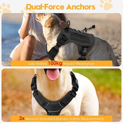 Heavy-Duty Tactical Dog Harness for Large Dogs, No Pull Adjustable Reflective Pet Vest with Molle System, K9 Military-Grade Control for Service Training, Outdoor & 10+ Breeds, Black, Large