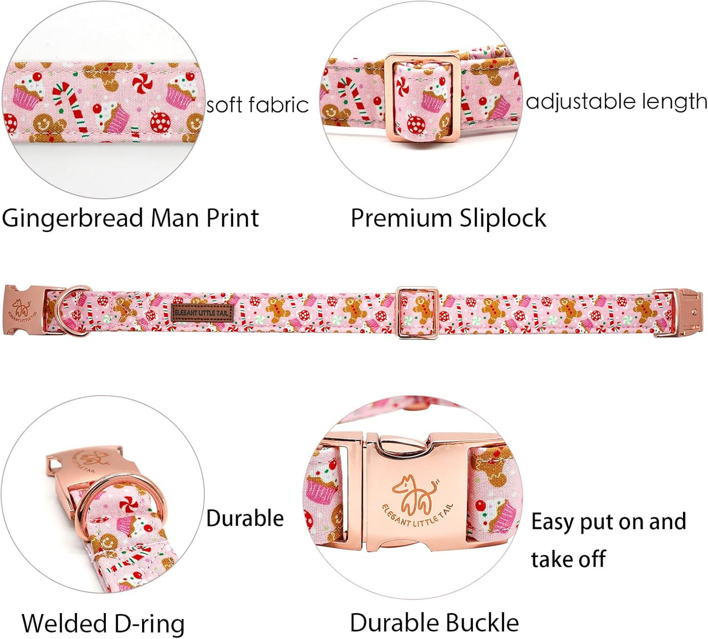 Elegant little tail Dog Collar, Christmas Pink Gingerbread Man Print Pet Collar Cute Dog Collars Male or Female Pet Gift Adjustable Dog Collar for Large Dogs
