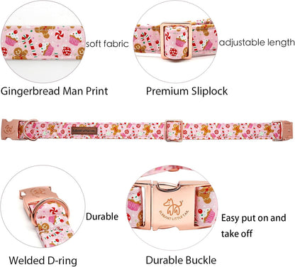 Elegant little tail Dog Collar, Christmas Pink Gingerbread Man Print Pet Collar Cute Dog Collars Male or Female Pet Gift Adjustable Dog Collar for Large Dogs
