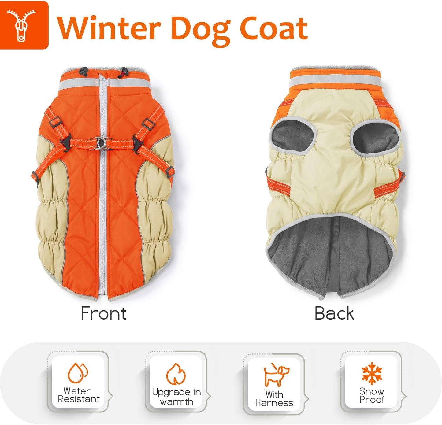 Dog Winter Coat with Harness, Dog Jacket, Pet Clothes with Zipper on Back, Waterproof Windproof Warm Vest, Reflective Cold Weather Coats, for Small Medium Large Dogs, Thick, Orange, L