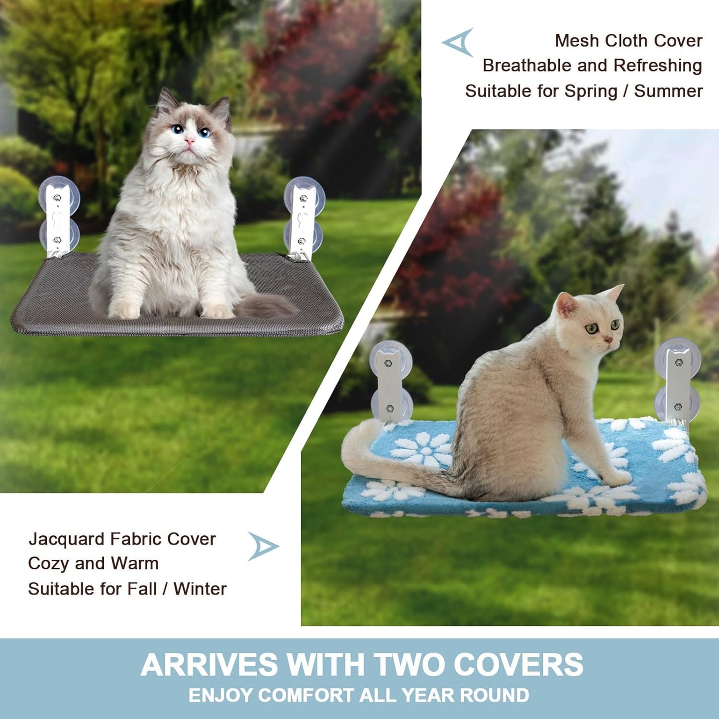 Cat Window Perch, Foldable Cat Window Hammock with Cute 3D Textured Flower Cover, Breathable Mesh Cover and Strong Suction Cups, Cordless Window Seat Bed for Indoor Cats (Blue, Medium)