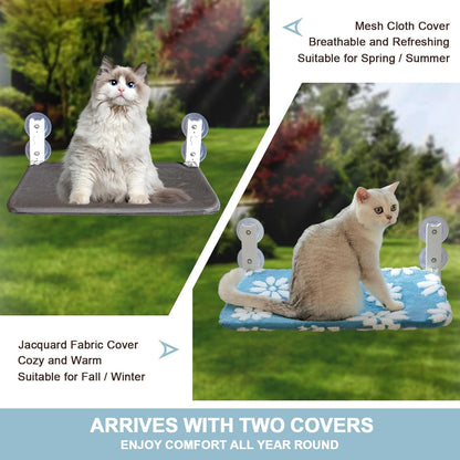 Cat Window Perch, Foldable Cat Window Hammock with Cute 3D Textured Flower Cover, Breathable Mesh Cover and Strong Suction Cups, Cordless Window Seat Bed for Indoor Cats (Blue, Medium)