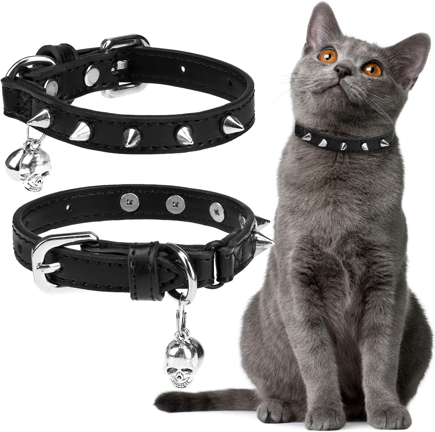 EXPAWLORER Leather Cat Collar for Girl Boy- Adjustable Pet Collar with Safety Elastic Belt,Personalized Punk Accessories Buckle Collars with Bell & Durable D-Ring,Pure Rivets(Black)