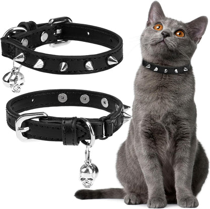 EXPAWLORER Leather Cat Collar for Girl Boy- Adjustable Pet Collar with Safety Elastic Belt,Personalized Punk Accessories Buckle Collars with Bell & Durable D-Ring,Pure Rivets(Black)