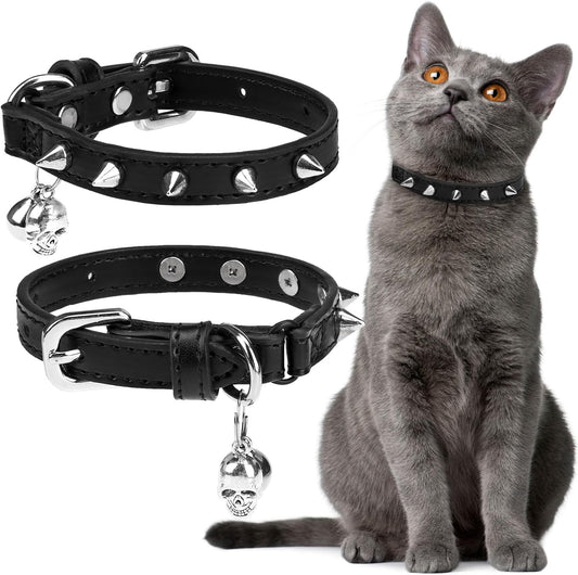 EXPAWLORER Leather Cat Collar for Girl Boy- Adjustable Pet Collar with Safety Elastic Belt,Personalized Punk Accessories Buckle Collars with Bell & Durable D-Ring,Pure Rivets(Black)