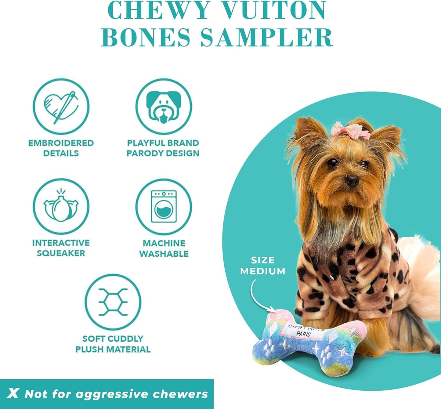 Haute Diggity Dog Medium Chewy Vuiton Bones Plush Dog Toys for Small, Medium & Large Dogs, 4-Pack Durable Stuffed Designer-Inspired Pet Toys with Interactive Squeaker, Machine-Washable & Safe