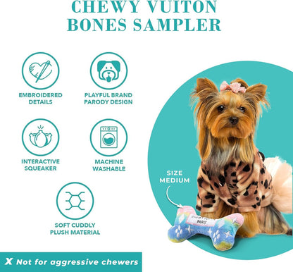 Haute Diggity Dog Medium Chewy Vuiton Bones Plush Dog Toys for Small, Medium & Large Dogs, 4-Pack Durable Stuffed Designer-Inspired Pet Toys with Interactive Squeaker, Machine-Washable & Safe