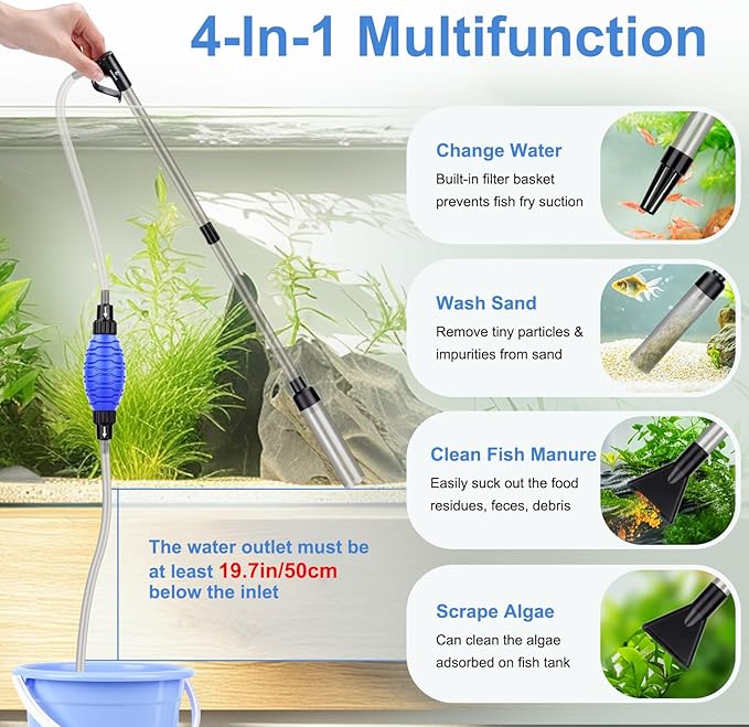 fishkeeper Quick Aquarium Siphon Pump Gravel Cleaner - 256GPH / 80GPH Adjustable Powerful Fish Tank Vacuum Gravel Cleaning Kit for Aquarium Water Changer, Sand Cleaner, Dirt Removal
