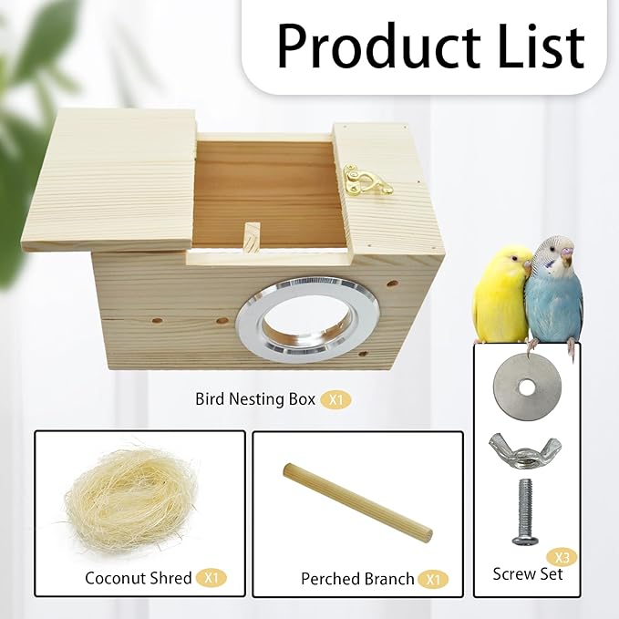 kathson Parakeet Nesting Box Transparent Bird House Bird Nest Box for Cage Parrot Nesting Boxes Wooden Breeding Box for Cockatiel Lovebirds Budgie Finch Canary(M)