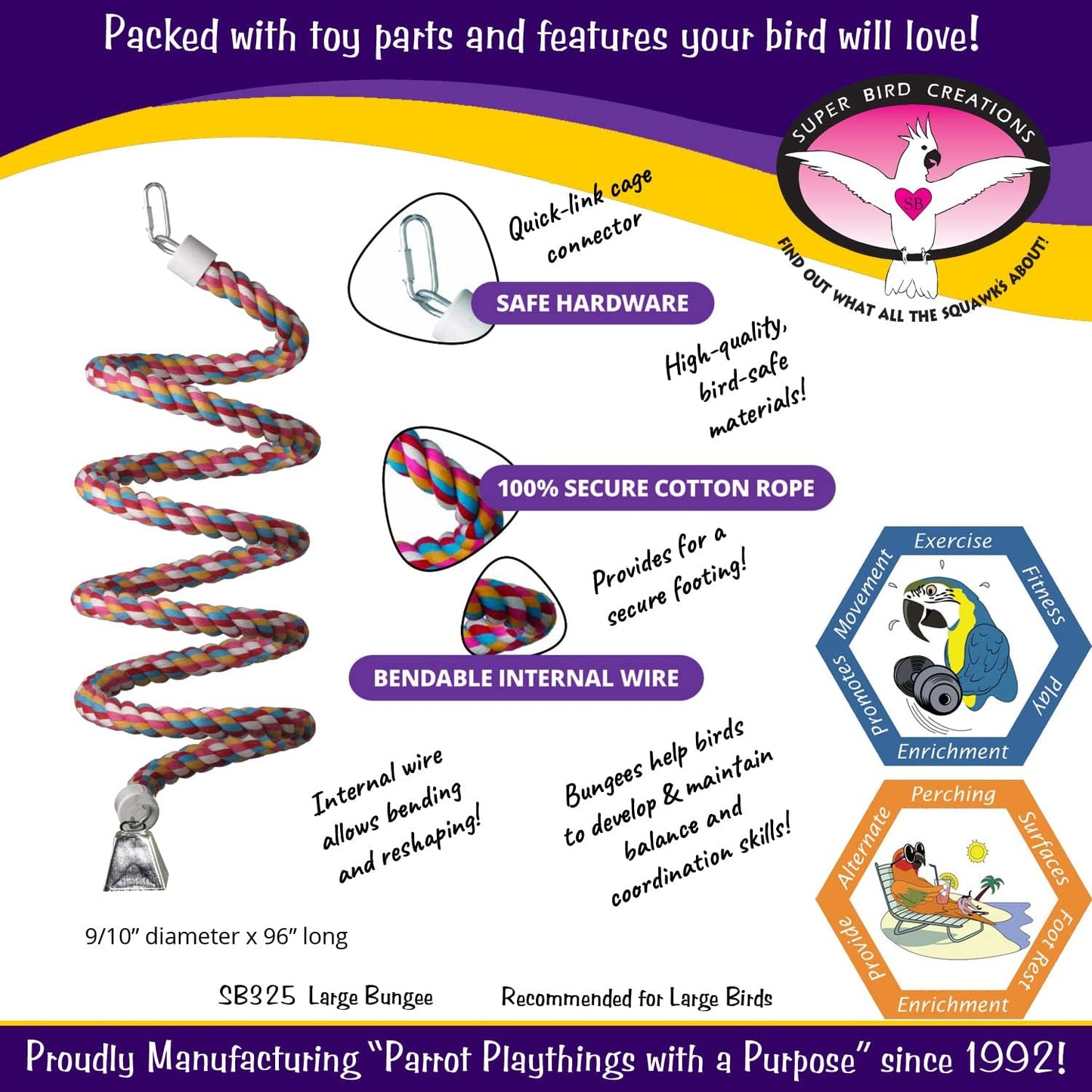 Super Bird Creations SB325 Large Bungee Bird Toy - Rope Perch for African Greys, Parrots, Small Cockatoos, Amazons - Colorful Hanging Perch - Enriching Bungee Toy for Large Birds & in Bird Cages