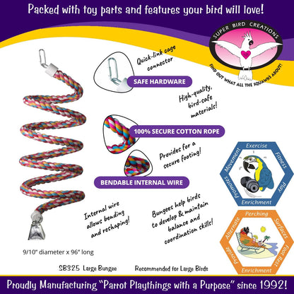 Super Bird Creations SB325 Large Bungee Bird Toy - Rope Perch for African Greys, Parrots, Small Cockatoos, Amazons - Colorful Hanging Perch - Enriching Bungee Toy for Large Birds & in Bird Cages