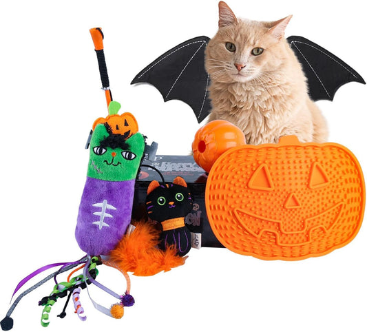 All for Paws Halloween Cat Gift Set – 4 Pack Cat Toys for Indoor Cats, Treat Dispenser, Lick Mat, Kicker & Wand